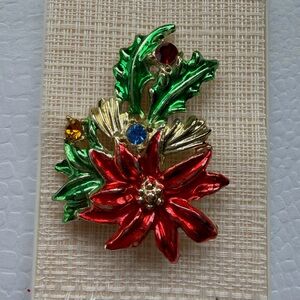 Vintage Beatrix Poinsettia Holiday Brooch - Red, Green, Gold